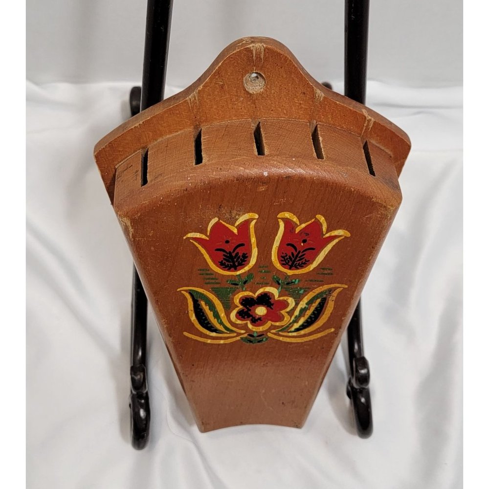 Vintage Nevco Knife Holder / Knife Block, Wooden, Wall Mount, Tulip Floral Desig